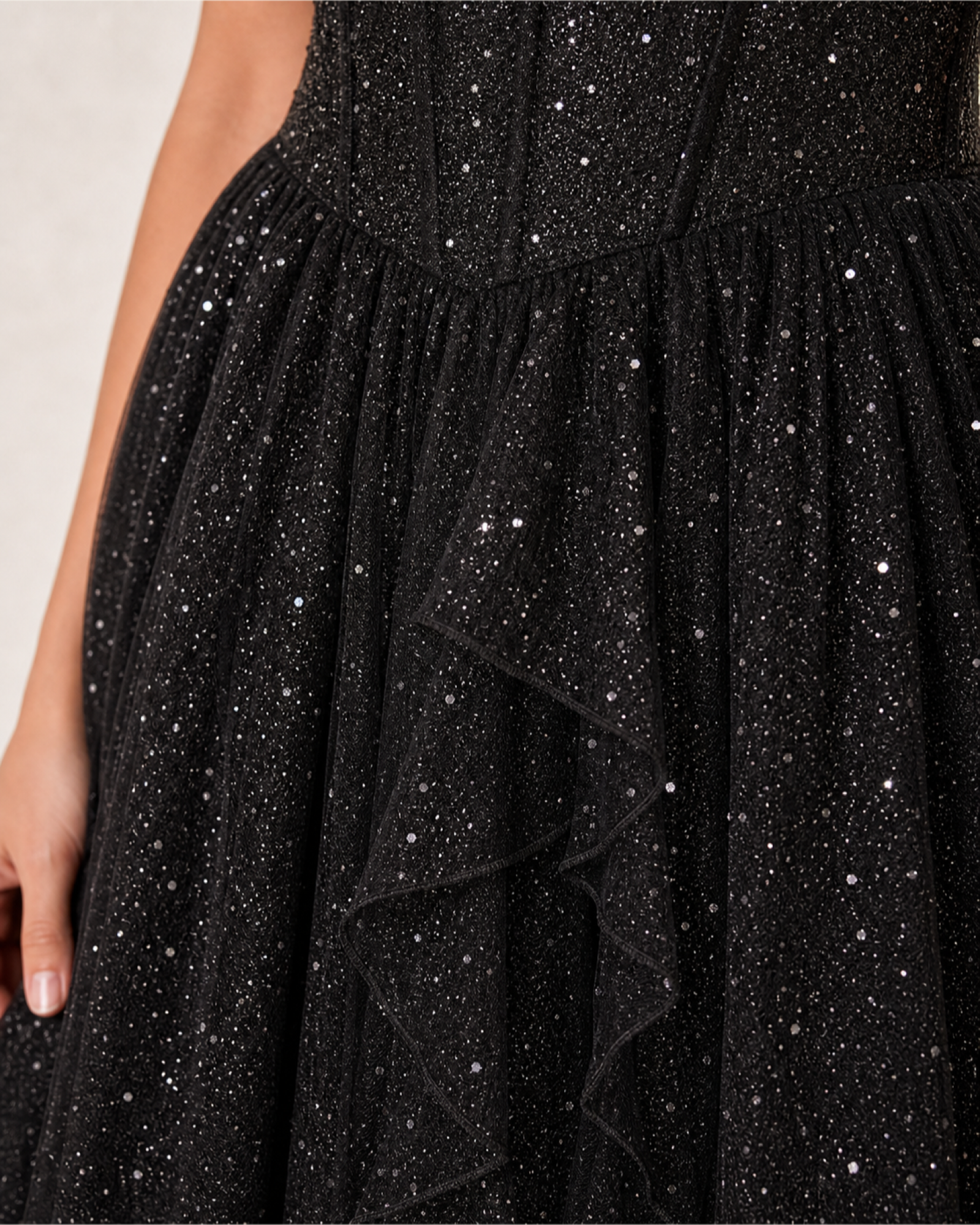 Glitter Tulle Prom Gown Estelle Rose - Black - Fabric Closeup