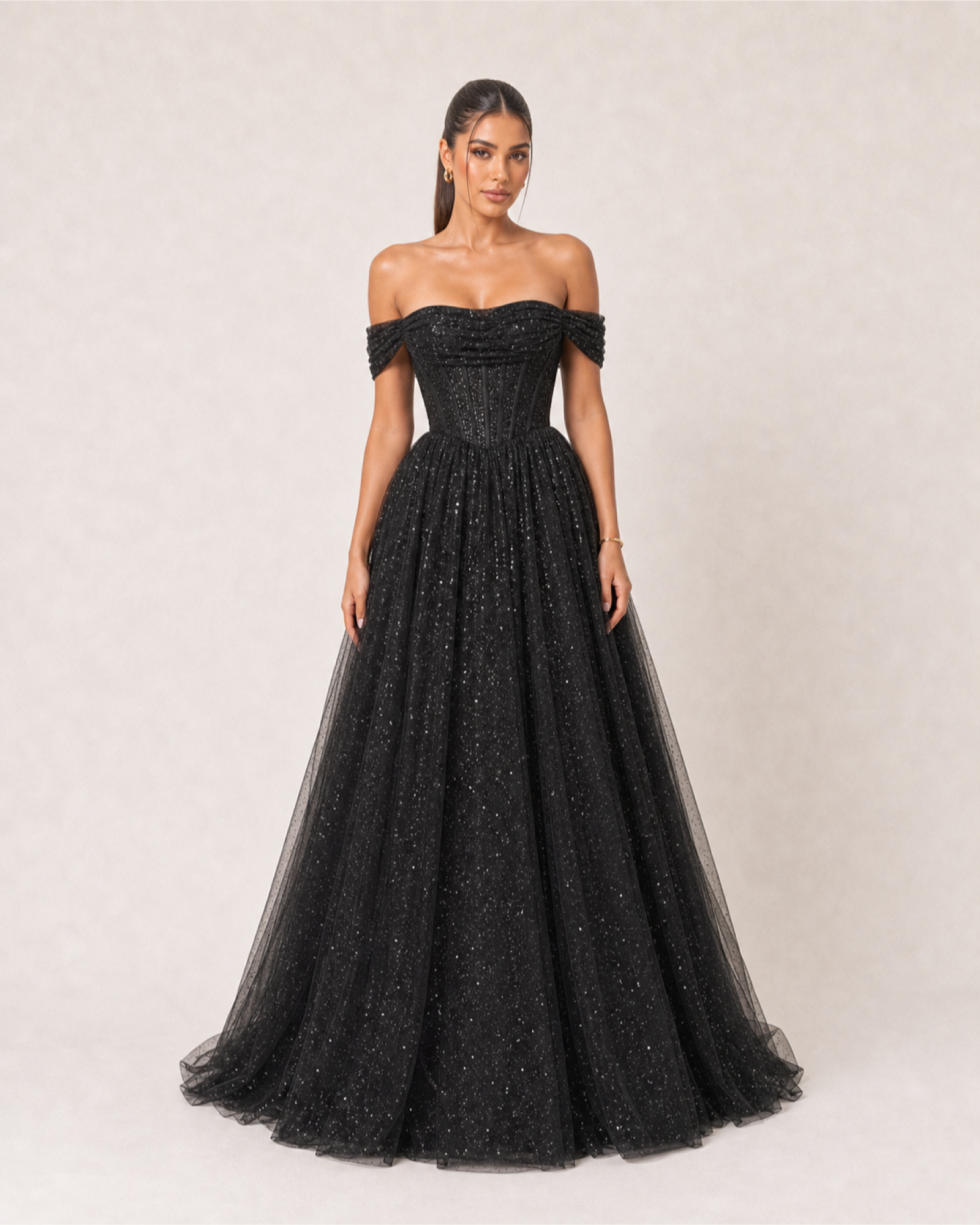 Glitter Tulle Prom Gown Estelle Rose - Black - Front