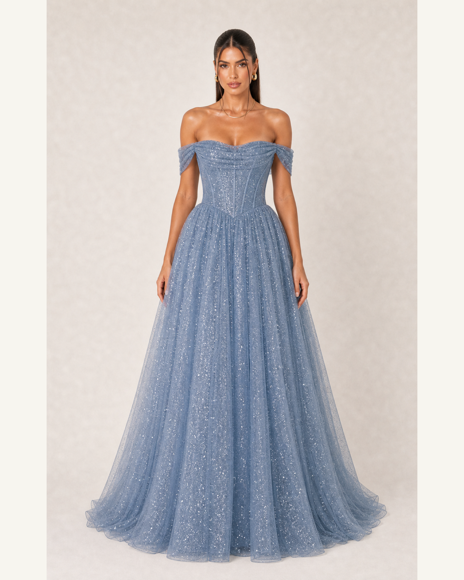 Glitter Tulle Prom Gown Estelle Rose - Dusty Blue - Front