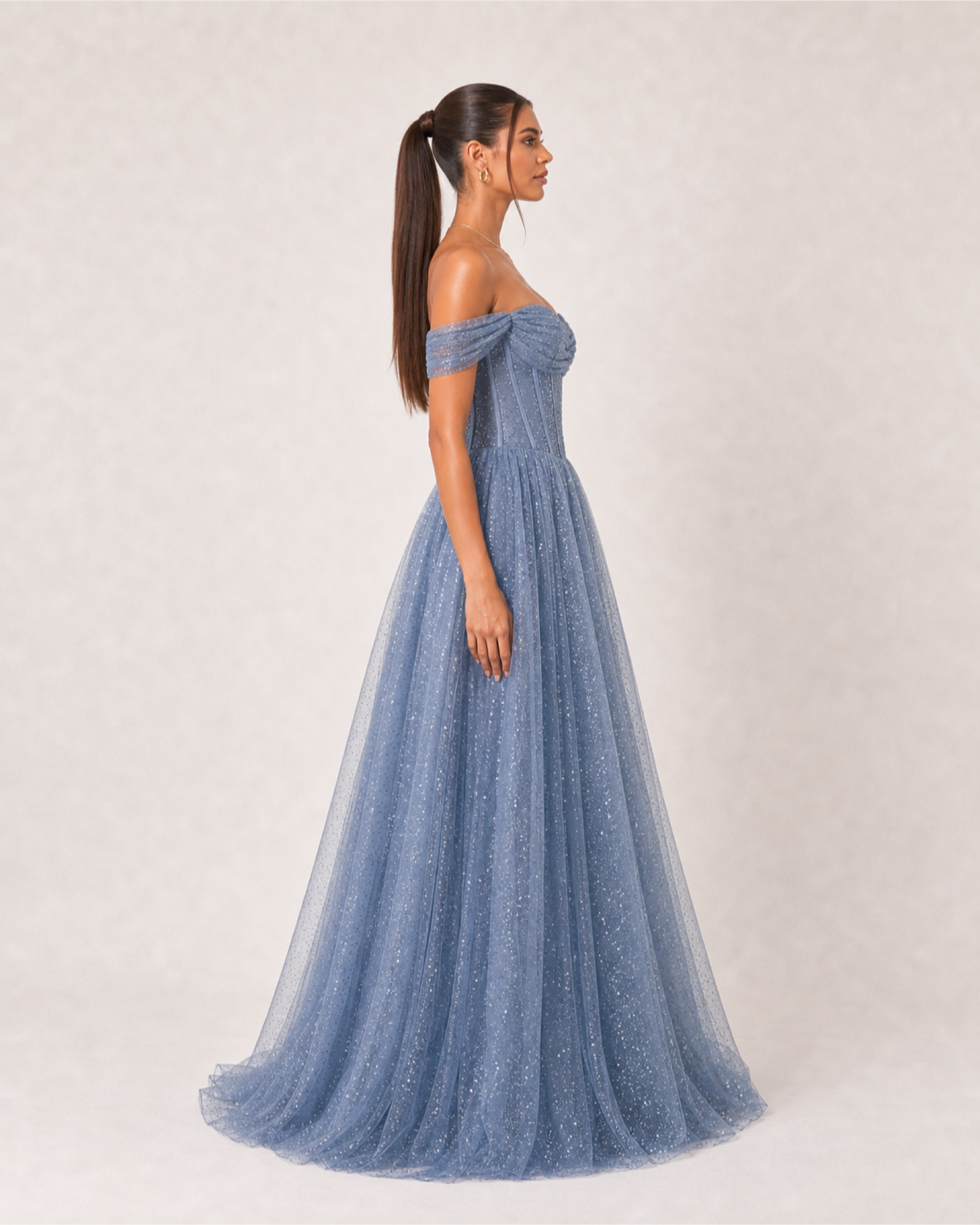 Glitter Tulle Prom Gown Estelle Rose - Dusty Blue - Right Profile