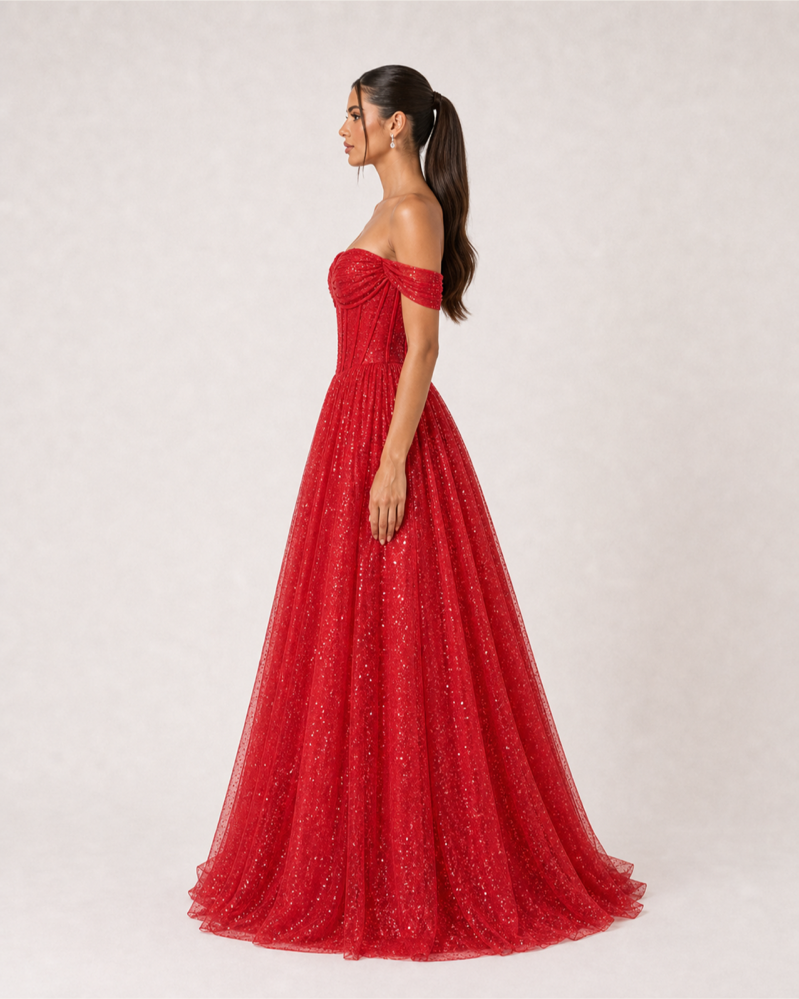 Glitter Tulle Prom Gown Estelle Rose - Red - Left Profile