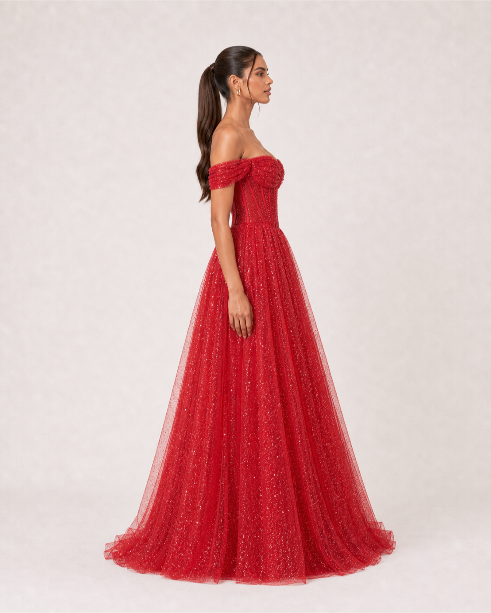 Glitter Tulle Prom Gown Estelle Rose - Red - Right Profile