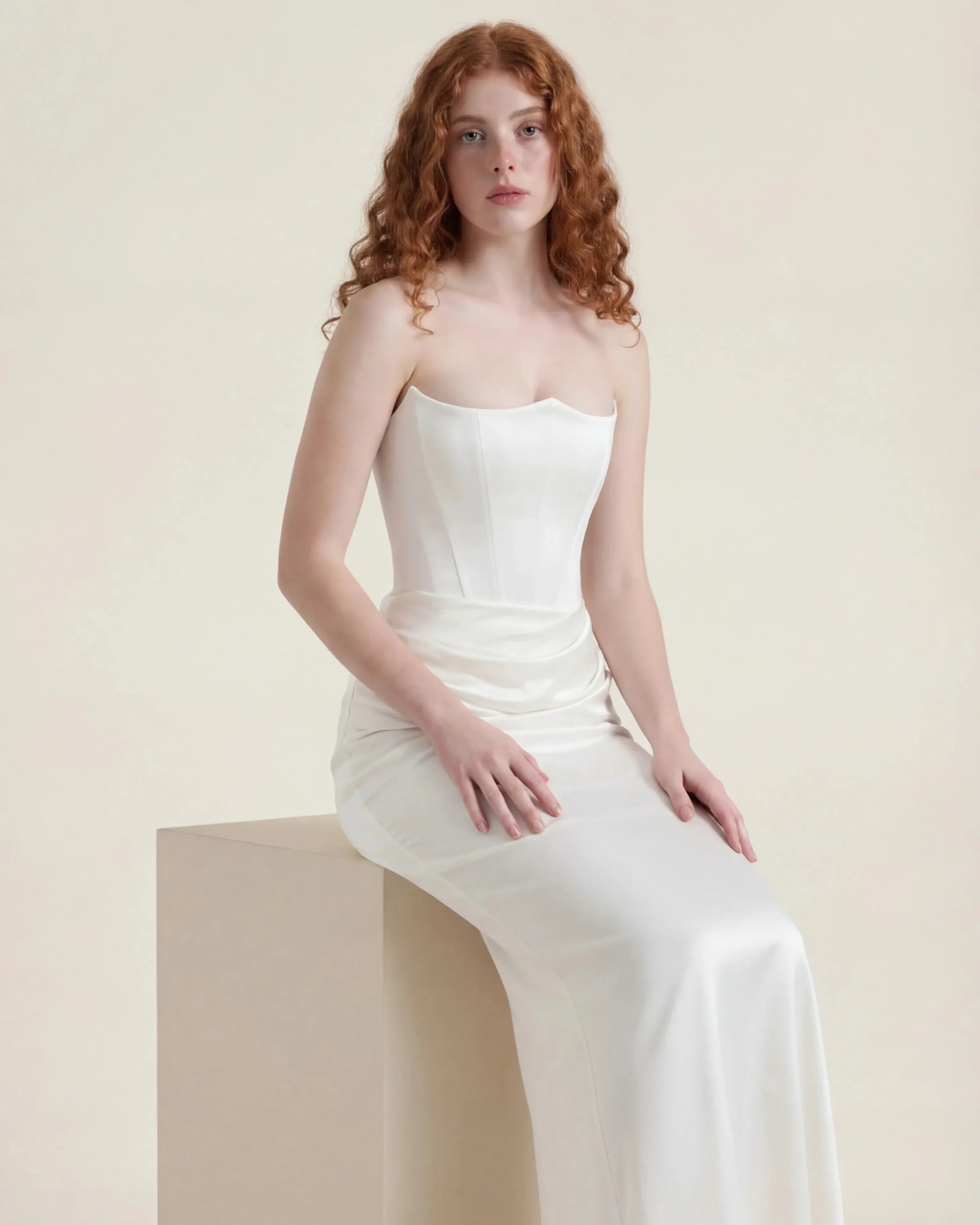White satin maxi dress with cowl neckline, Delphine Rose by Rose & Mews