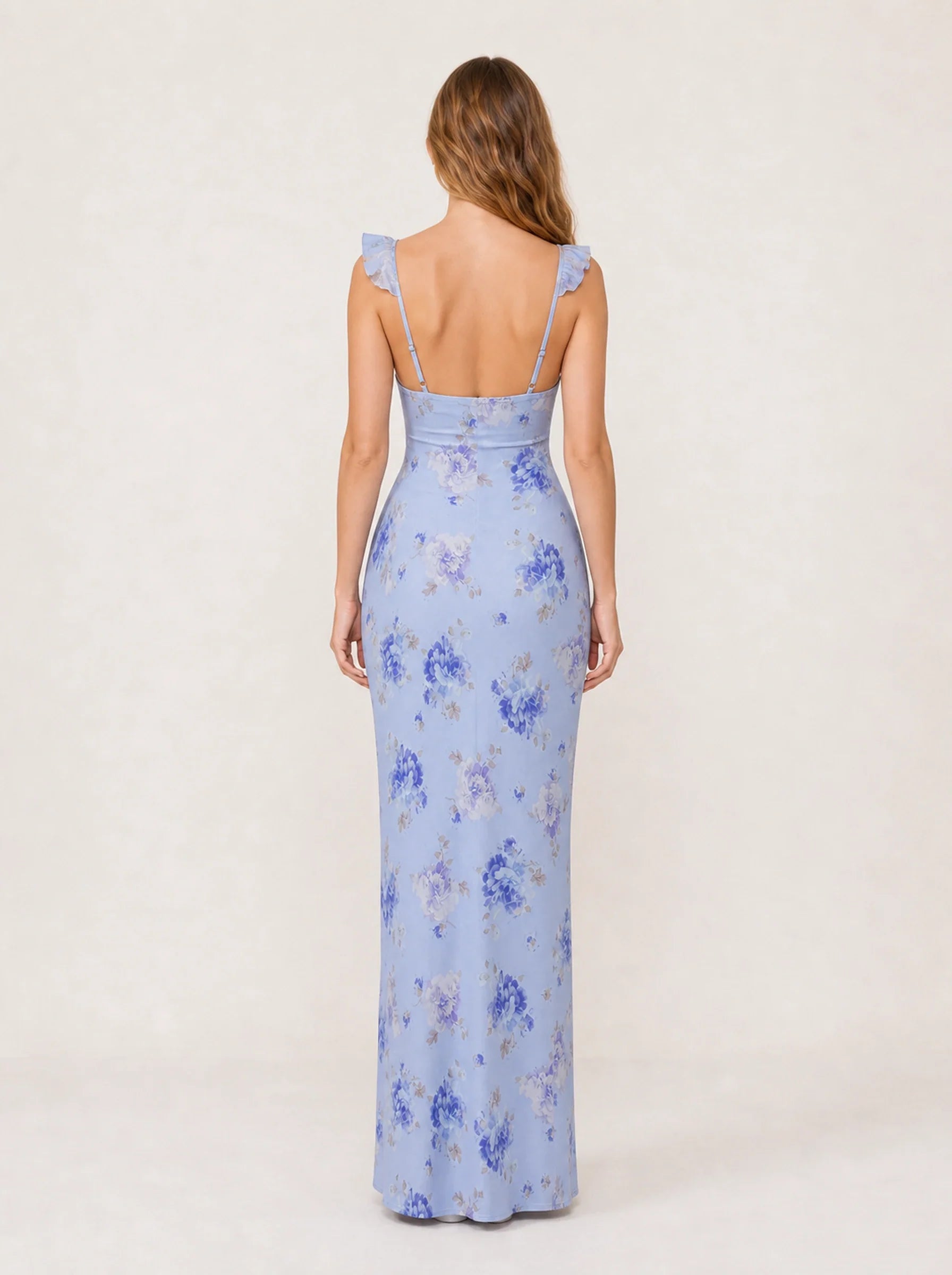 Floral Print Backless Maxi Dress Solène Rose - Blue - Back