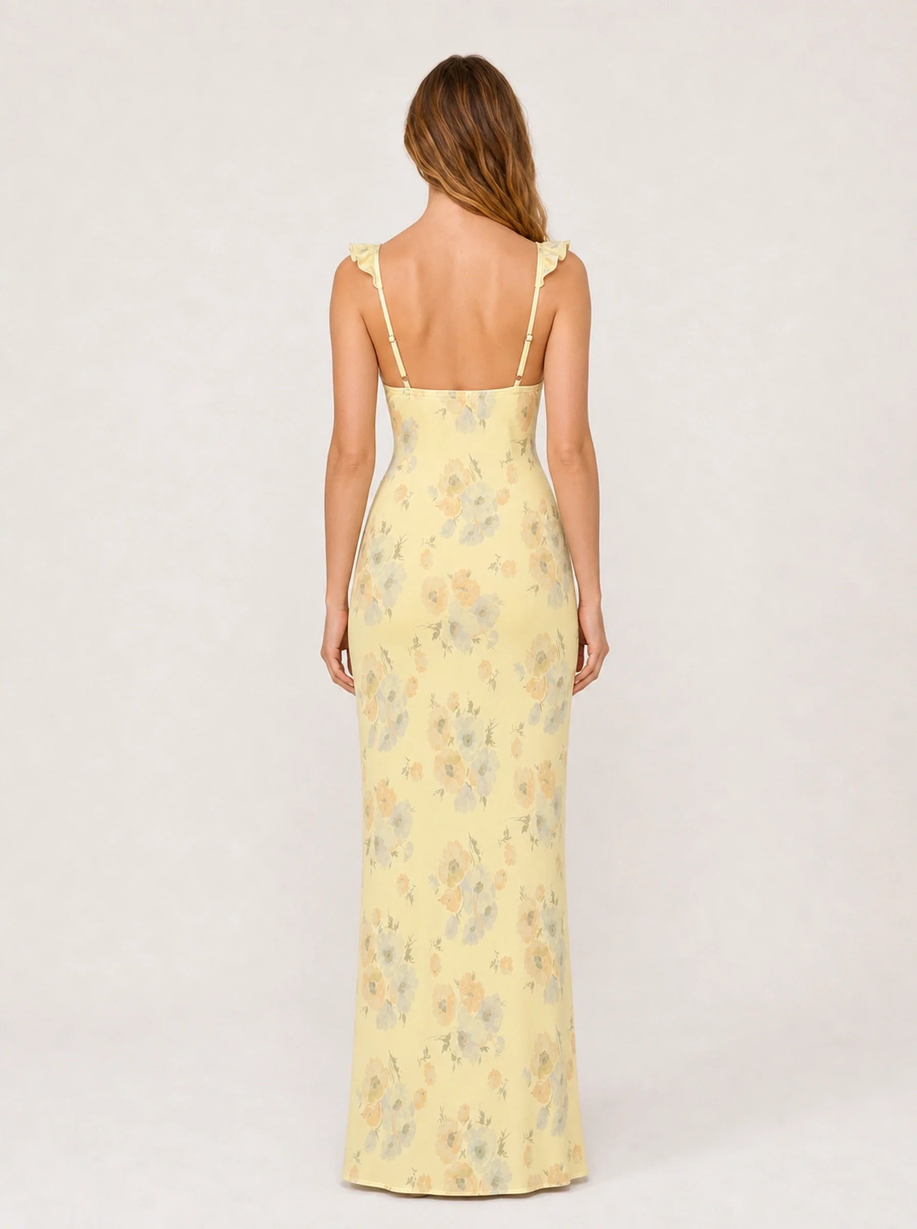 Floral Print Backless Maxi Dress Solène Rose - Yellow - Back