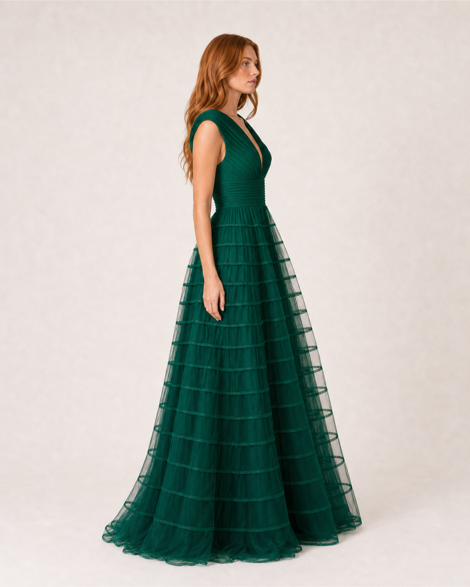 Fuchsia Pleated Prom Gown Florence Rose - Emerald Green - Right Profile