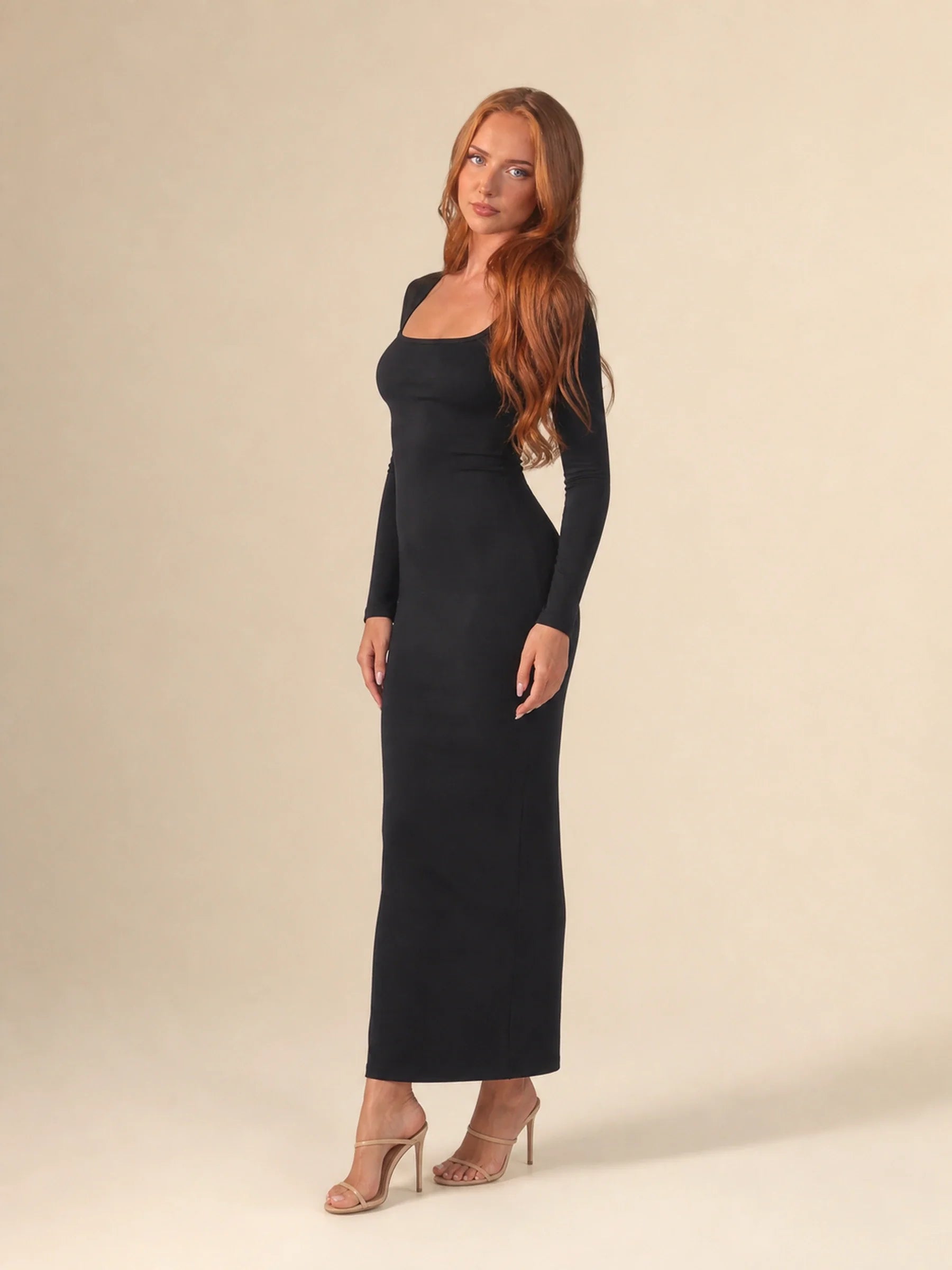 Long Sleeve Bodycon Midi Dress Isolde Rose - Black - three quarter