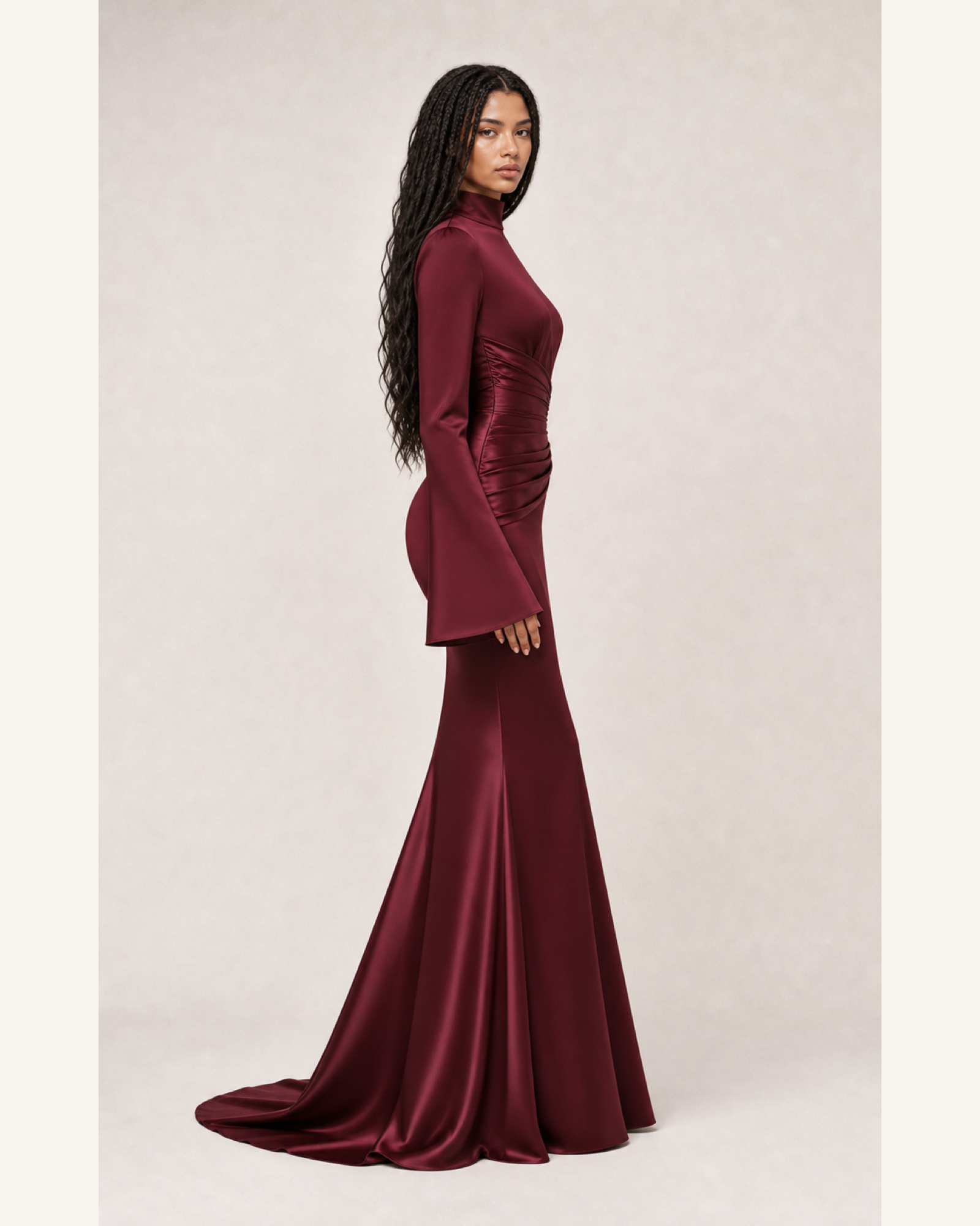 Burgundy Satin Mermaid Gown Lily Rose - Burgundy - Right Profile