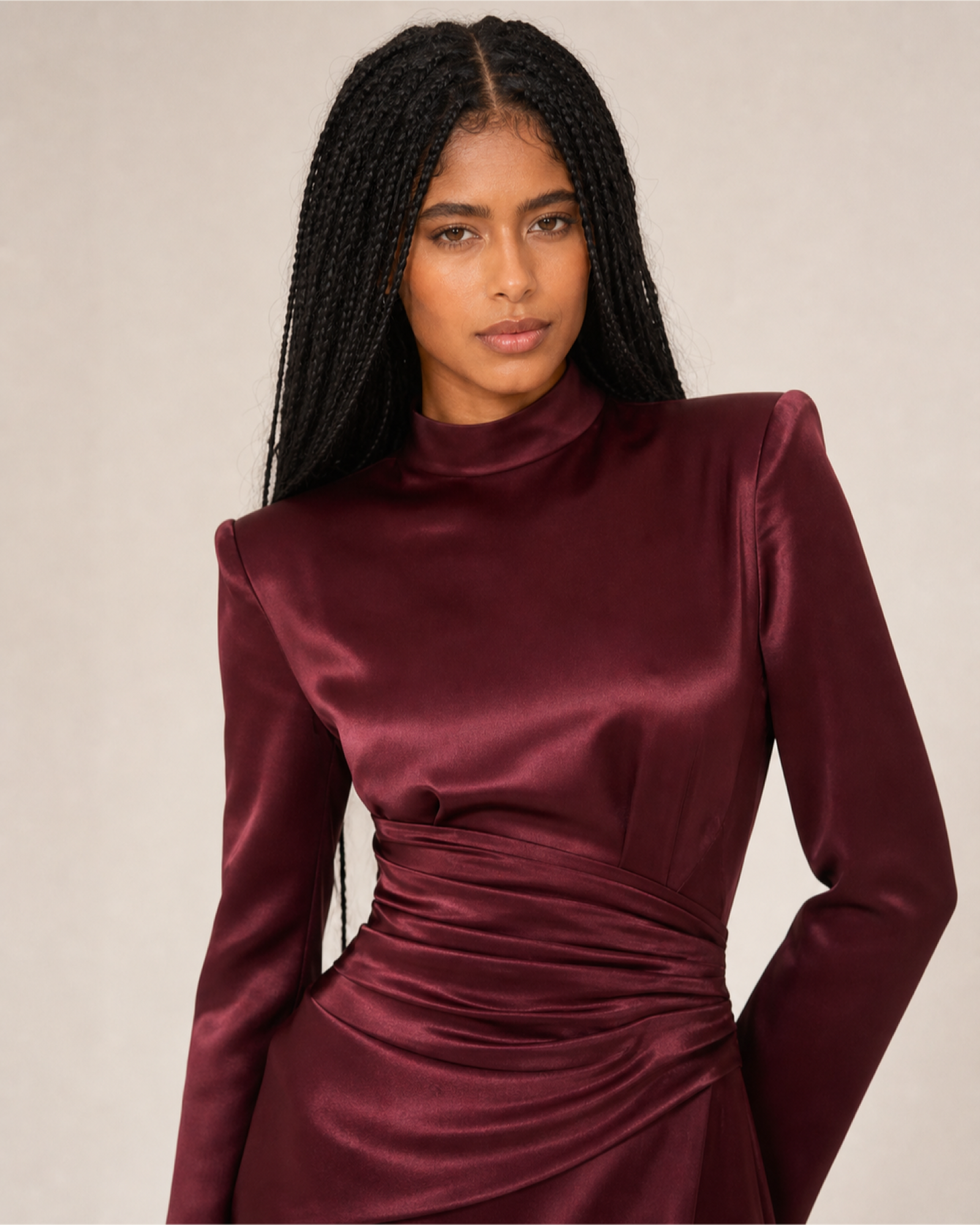Burgundy Satin Mermaid Gown Lily Rose - Burgundy - Upper Closeup