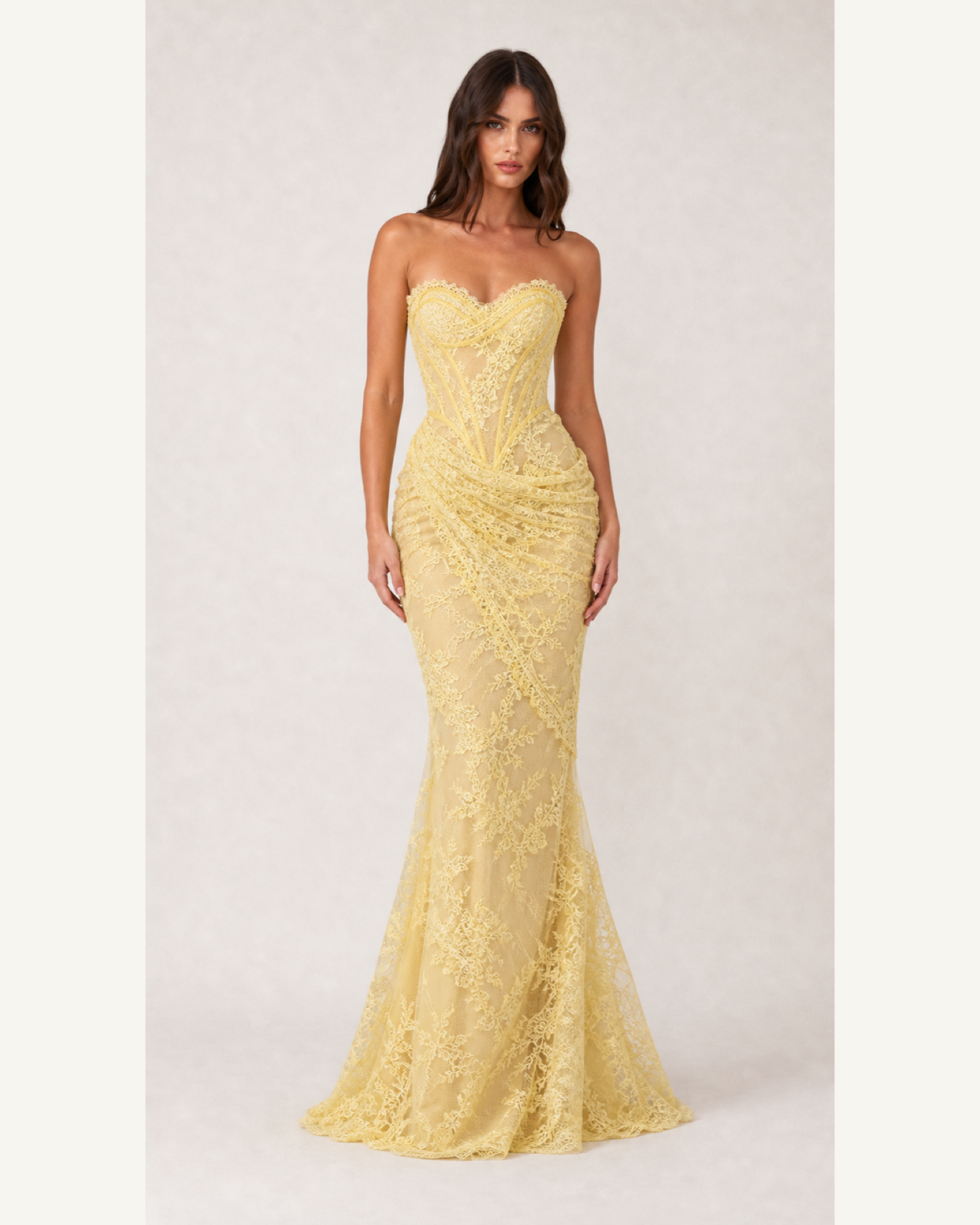 Embroidered Lace Mermaid Gown Marigold Rose - Yellow - Front