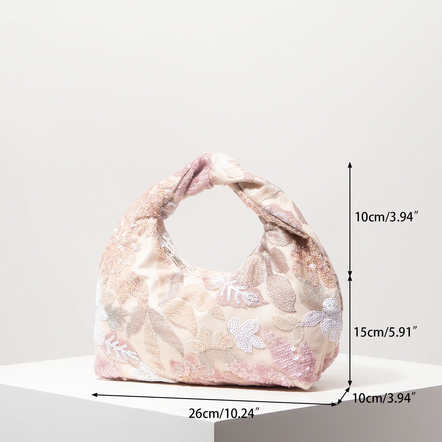 Rose & Mews blush floral sequin evening clutch dimensions