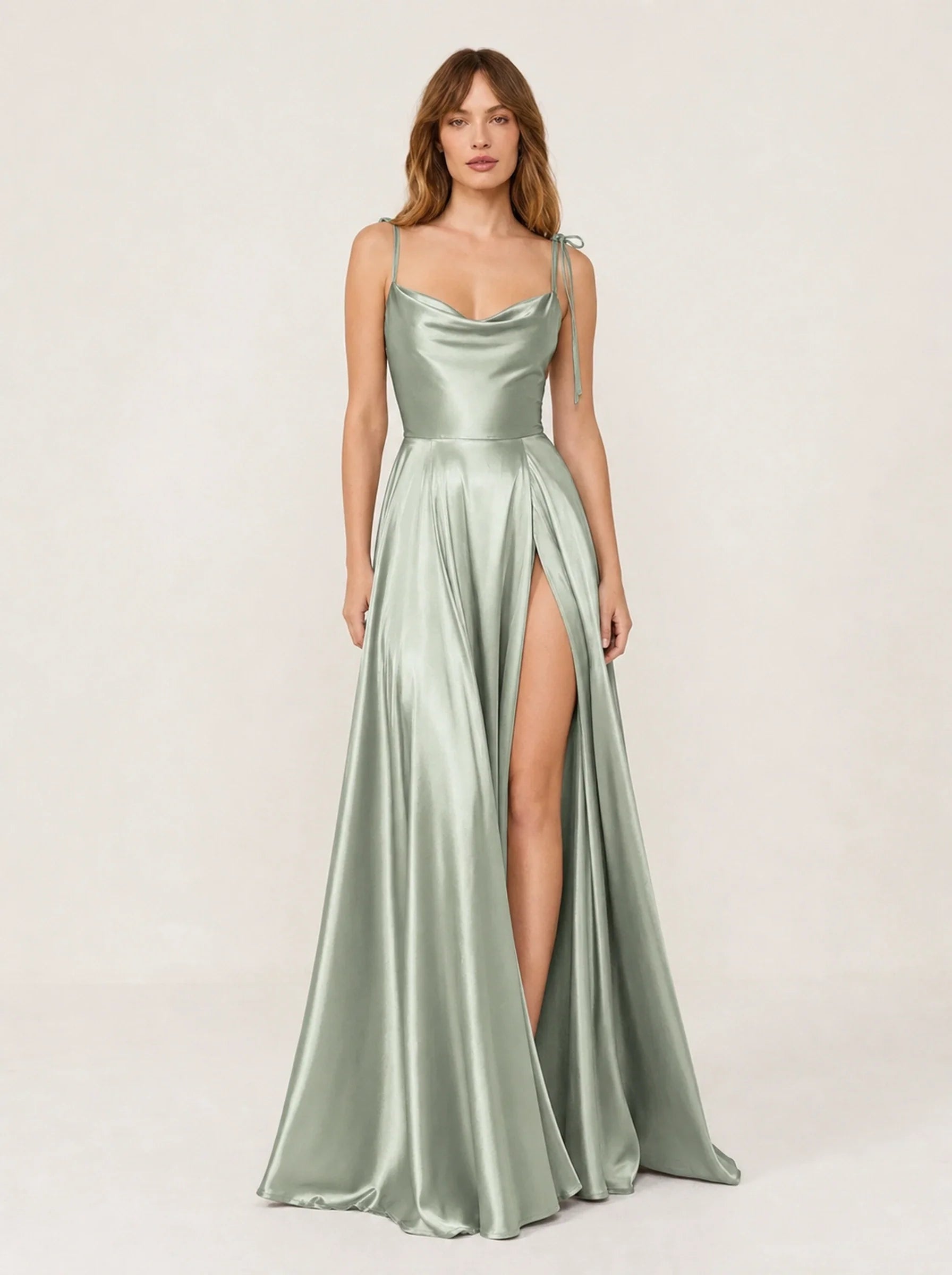 Satin A-Line Prom Gown Isabeau Rose - Dusty Green - Front