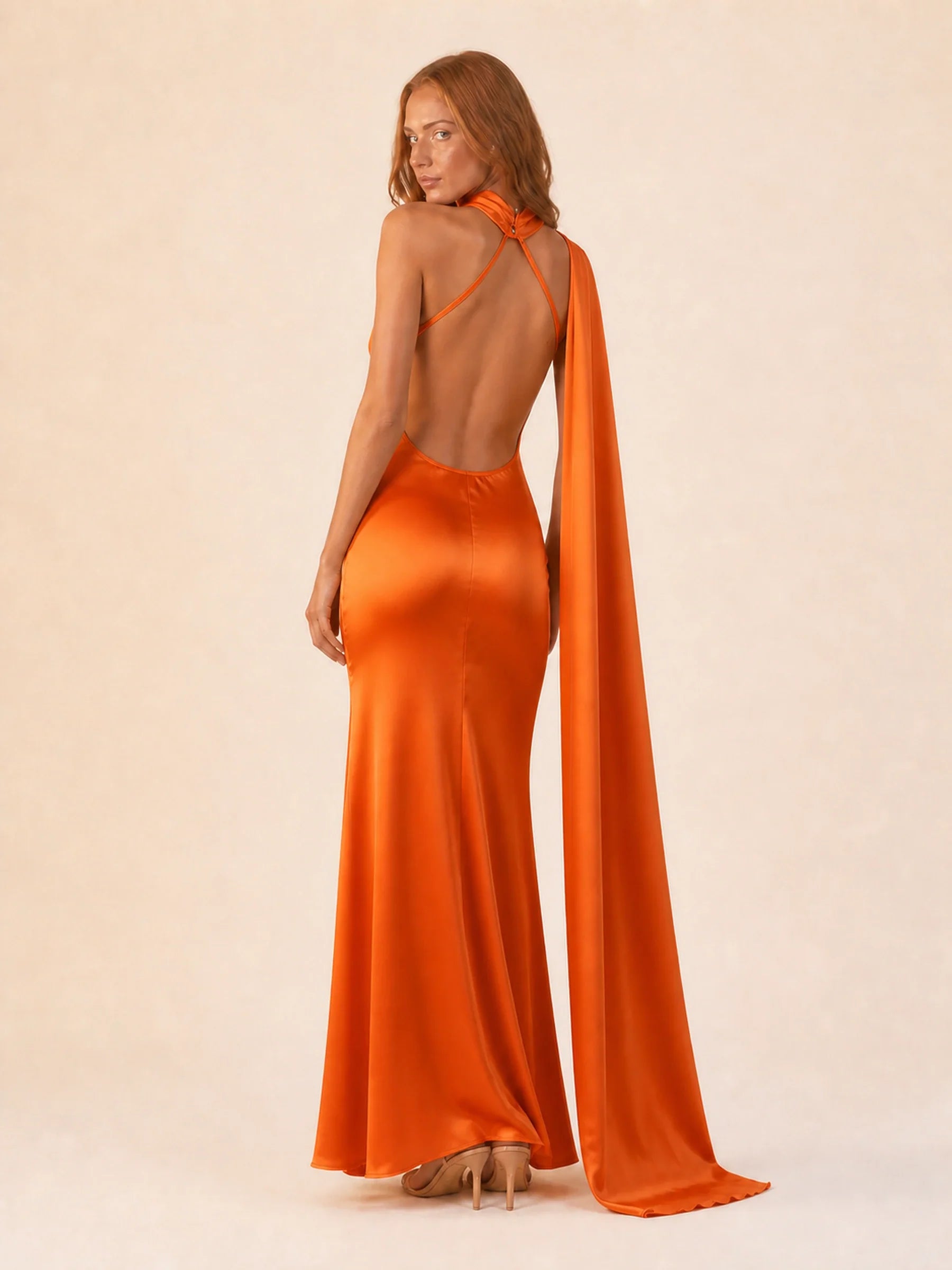 Satin Halter Dress Margot Rose - Orange - back