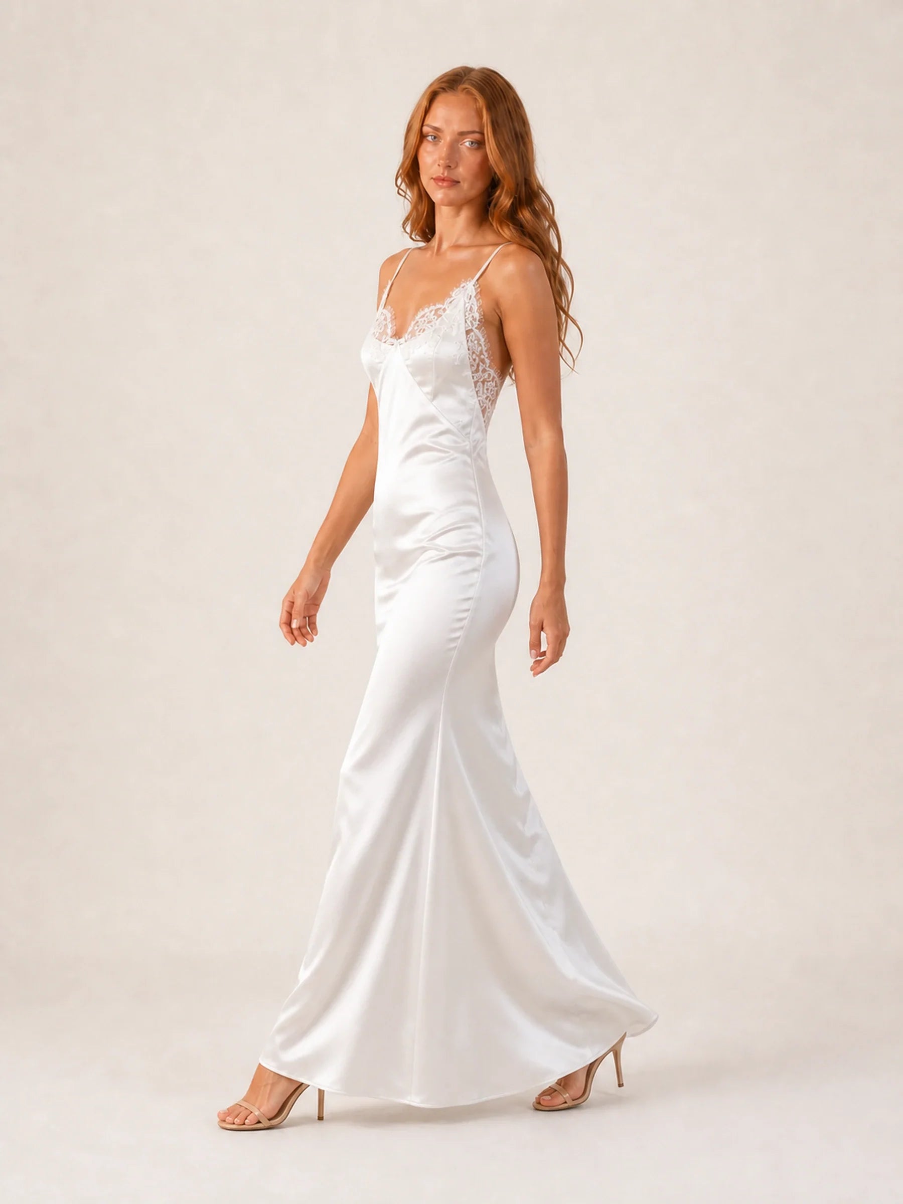 Satin Maxi Dress Celeste Rose - White - side walking