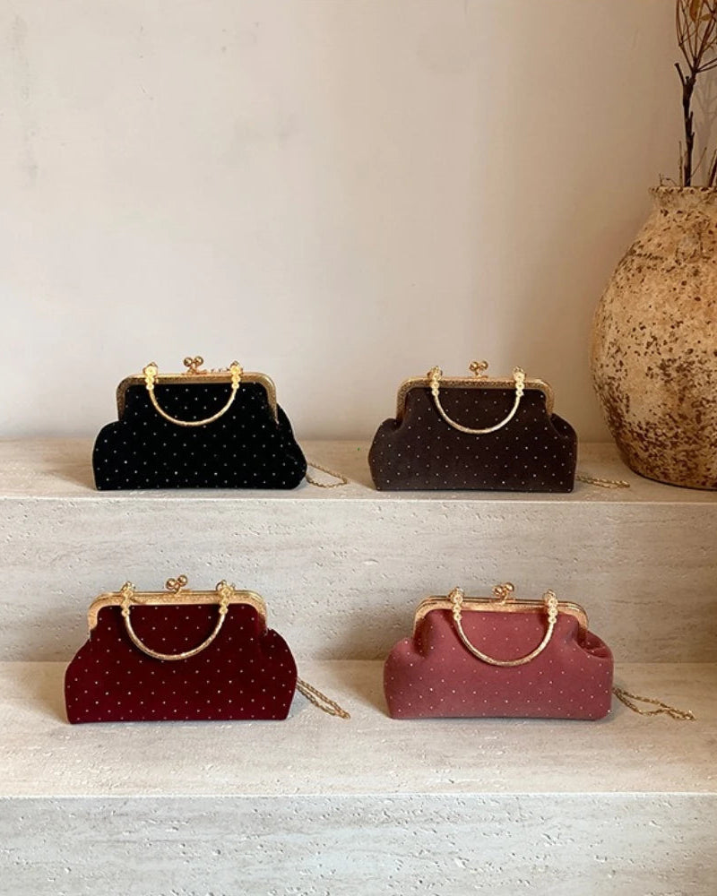 Velvet-look evening clutch Bianca Rose colour options in black, chocolate, burgundy and rose pink.